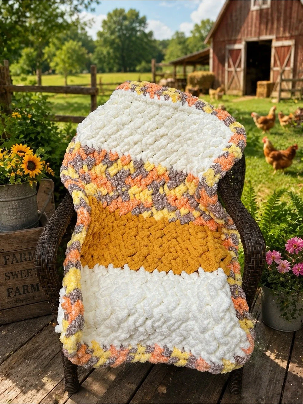 Handcrafted Chunky Knit Throw Blanket - White & Mustard